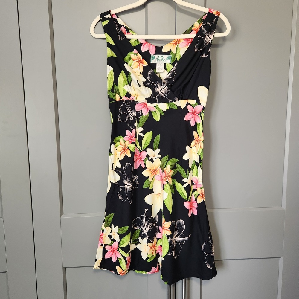 Vintage Two Palms Aloha Hawaii Dress Womens XS Black Floral Rayon Plumeria Luau